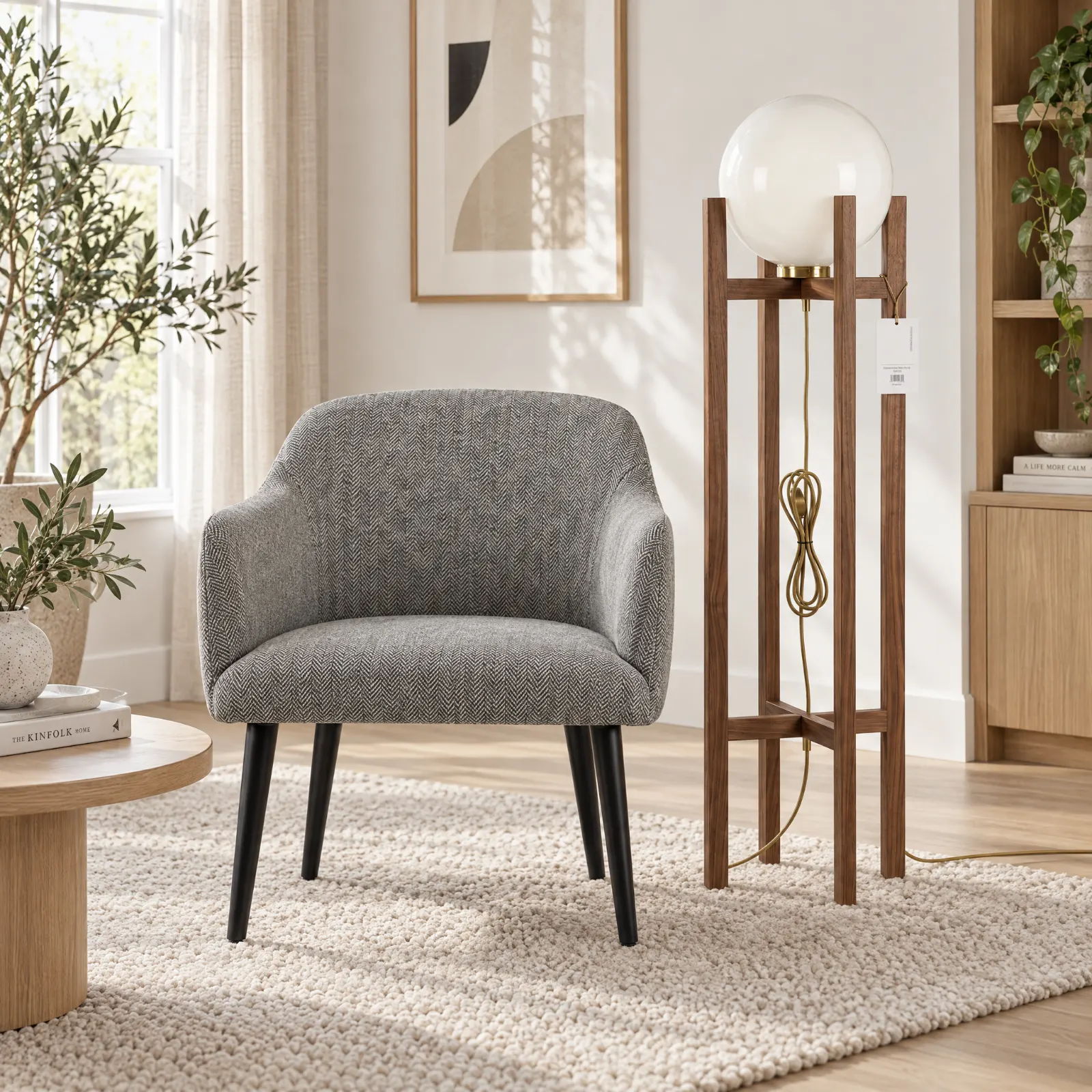 Candeeiro de pé Denmark Walnut com globo de vidro junto ao cadeirão Aspen, numa sala de estar