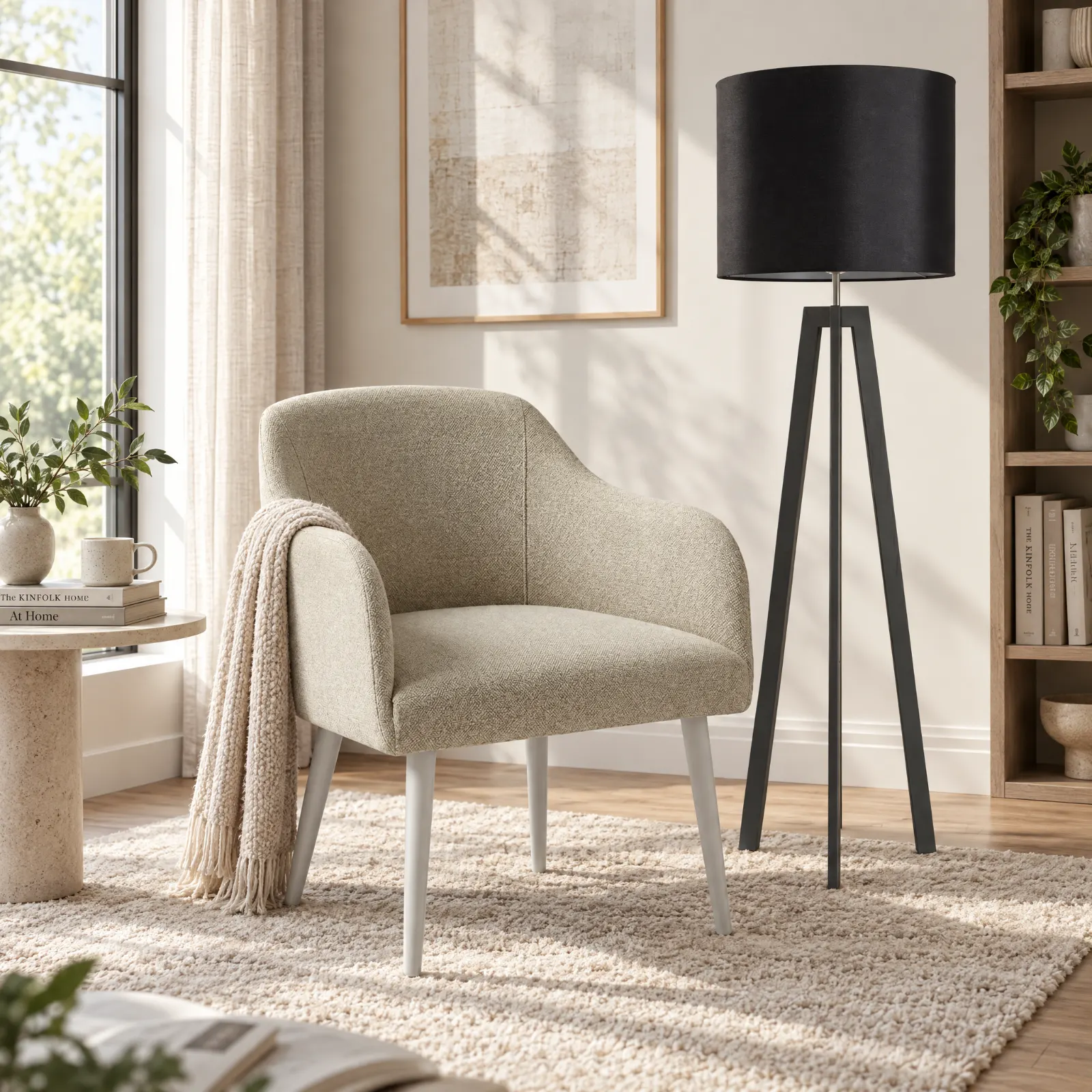 Candeeiro de pé Rose Dark Grey junto ao cadeirão Aspen Light Grey, num canto de leitura