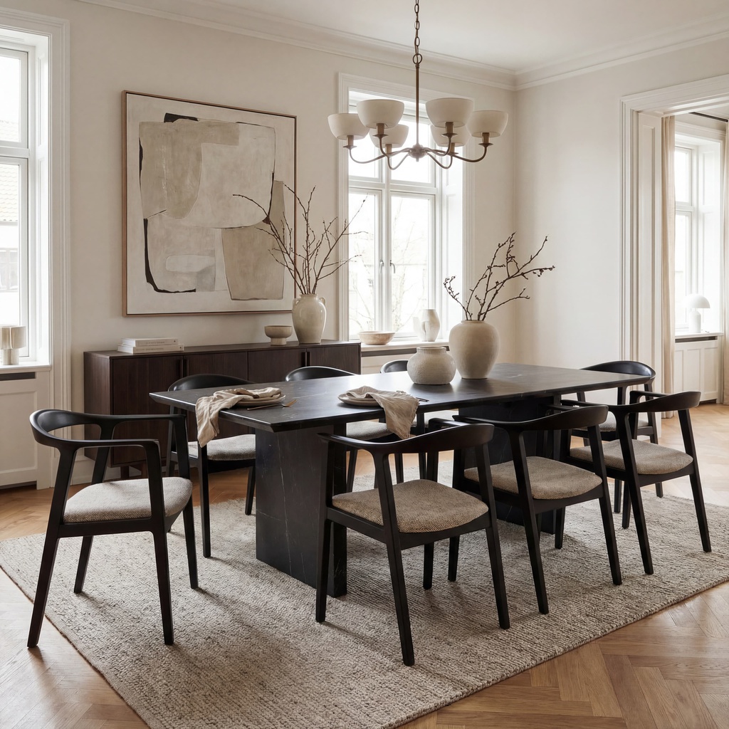 Cadeira Tipo Copenhagen C/ Braços Black Mate Tecido PO em ambiente de sala de jantar
