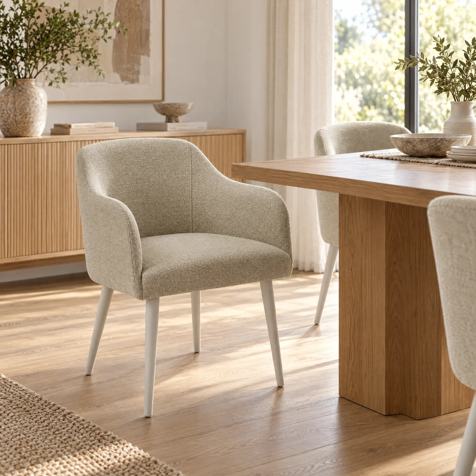 Cadeira Aspen C/Braços Cerused Tecido HiH em ambiente de sala de jantar