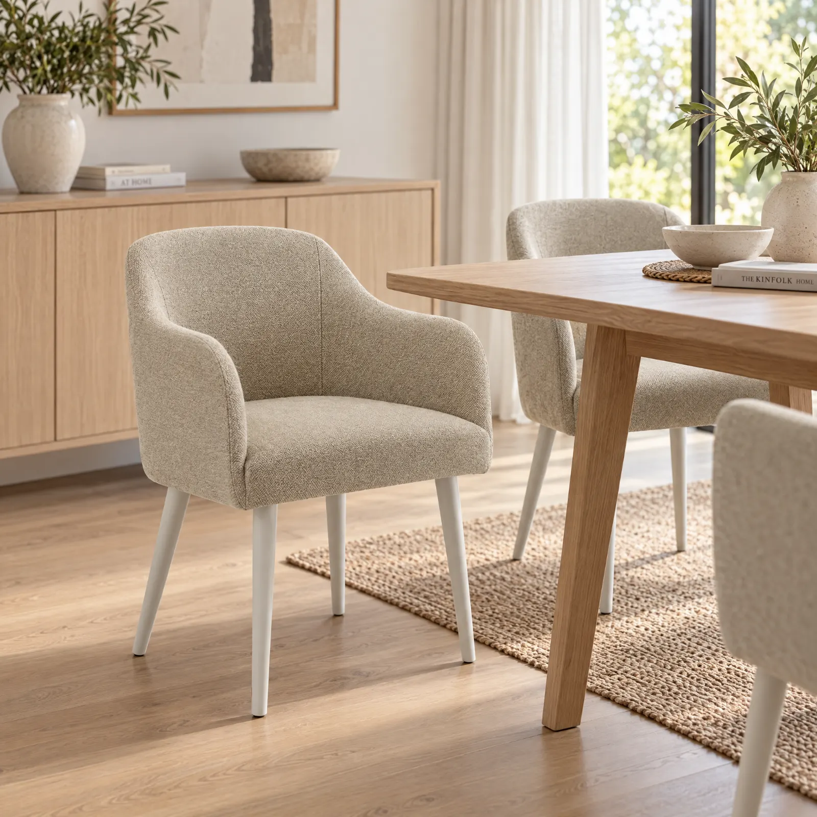 Cadeira Aspen C/Braços Light Grey Tecido HiH em ambiente de sala de jantar