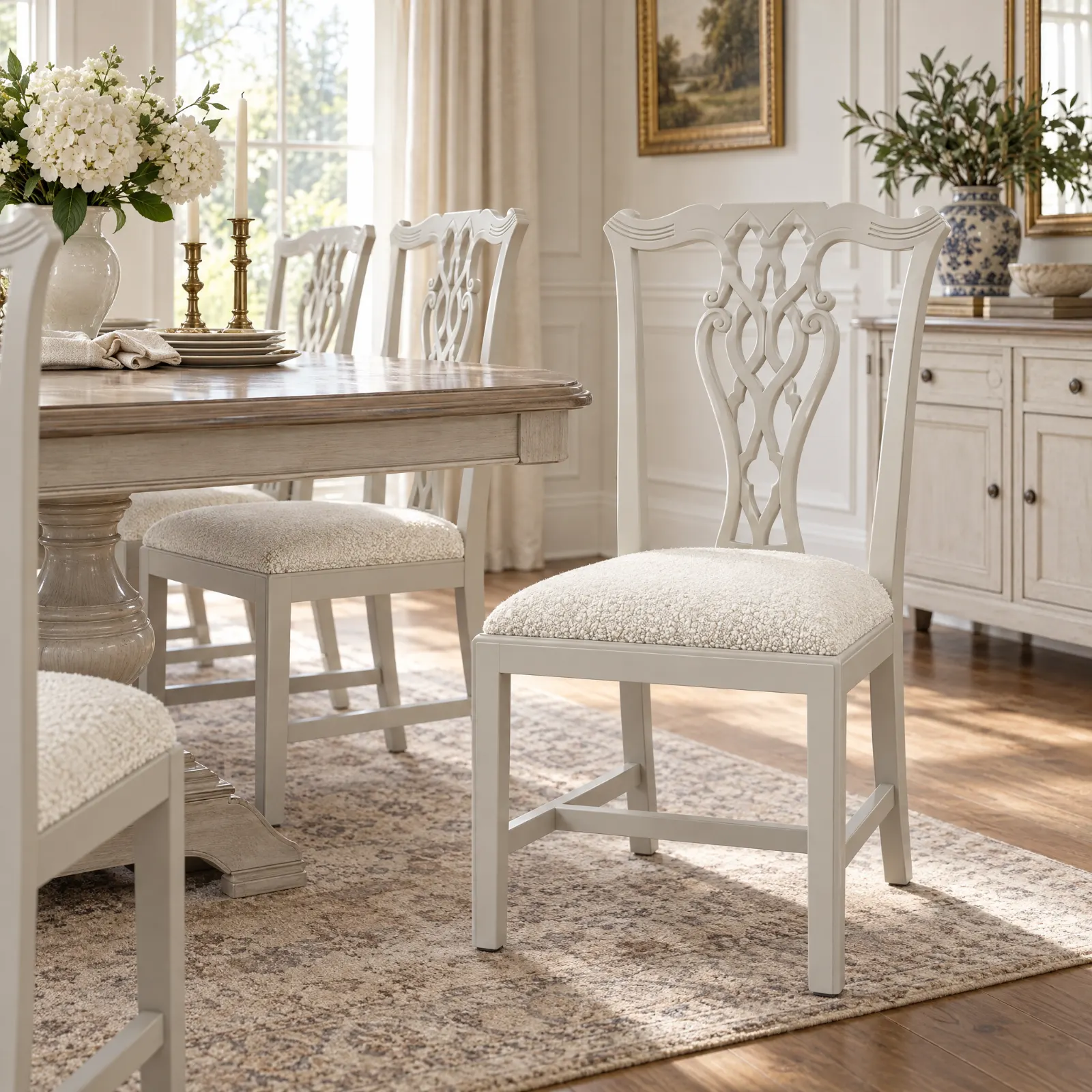 Cadeira Chippendale Off White Tecido Ascot Pearl em ambiente de sala de jantar