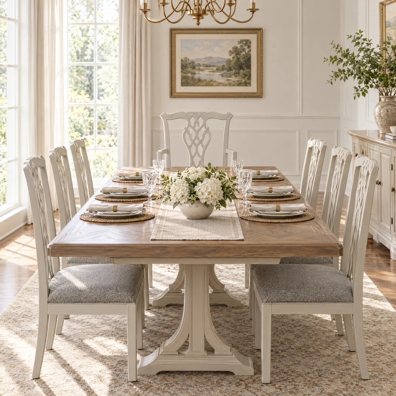 Cadeira Chippendale C/Braços Light Grey Tecido Ascot em ambiente de sala de jantar