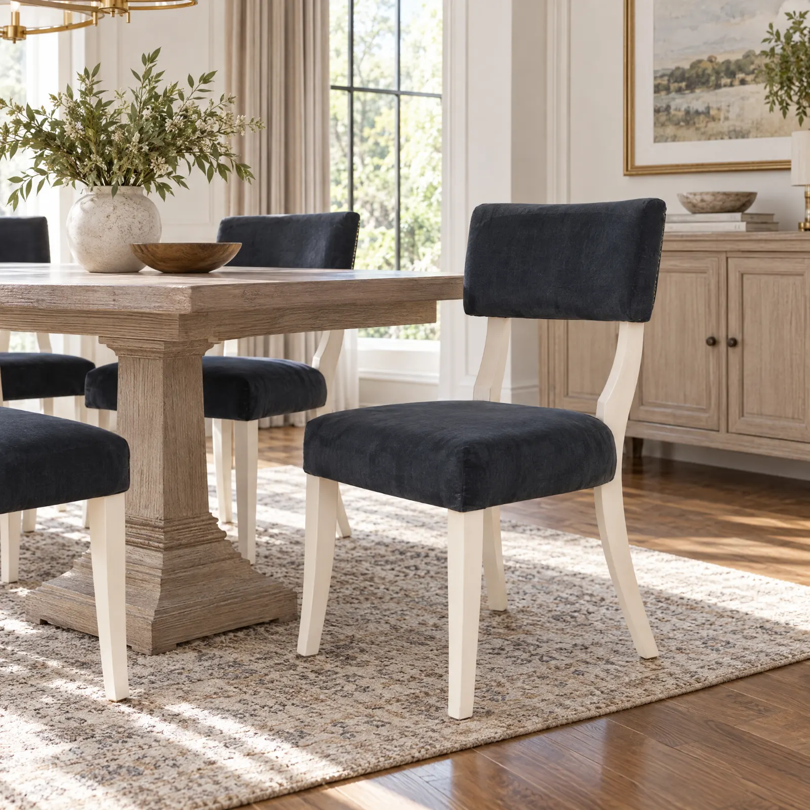 Cadeira Manhattan Old White com estofo em tecido Paris azul-escuro, em ambiente de sala de jantar