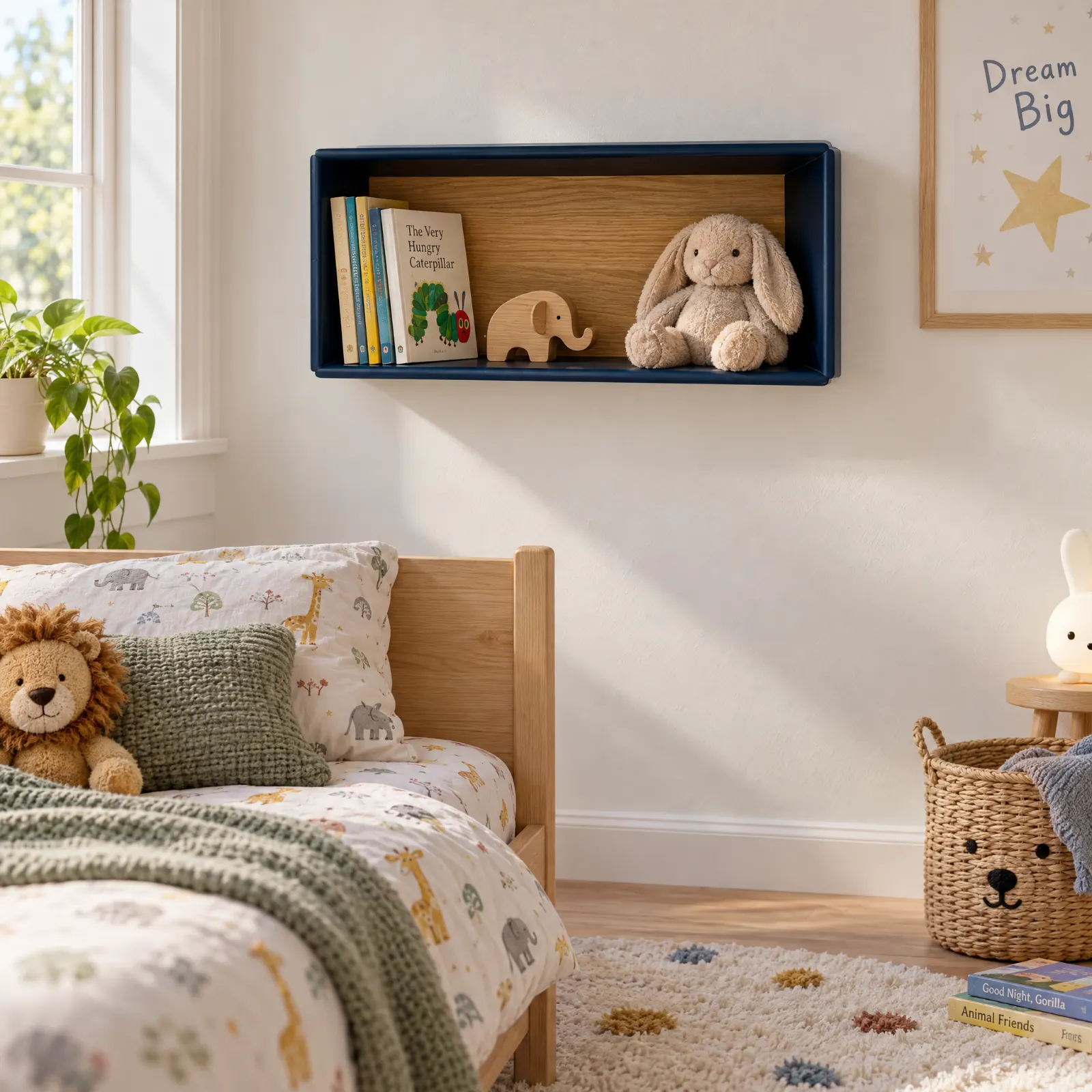 Prateleira infantil New Star azul-escuro com fundo em carvalho, num quarto de criança