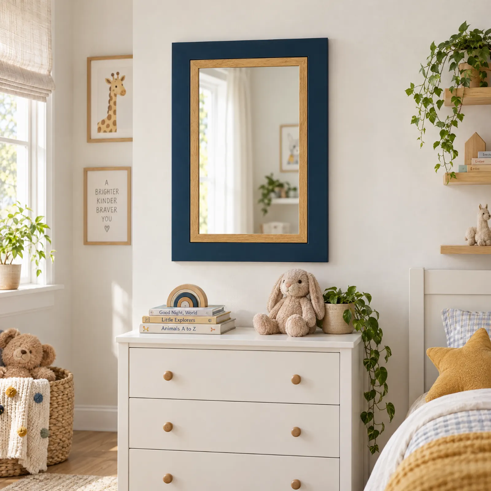 Espelho infantil New Star azul-escuro com moldura interior em carvalho, num quarto de criança