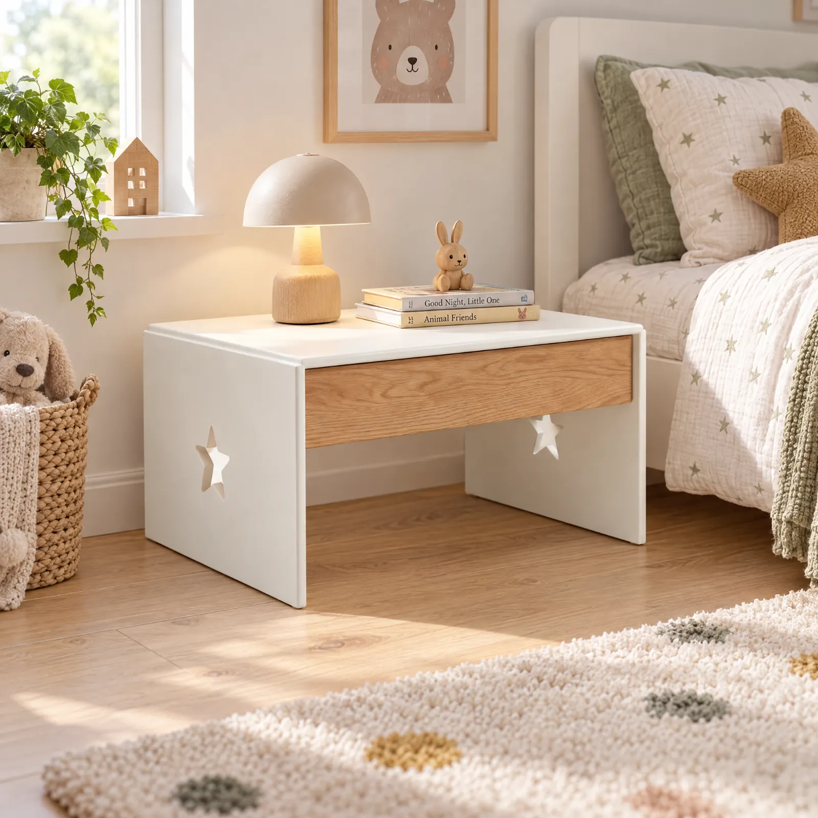 Mesa de cabeceira infantil New Star branca com barra em carvalho, junto à cama num quarto de criança