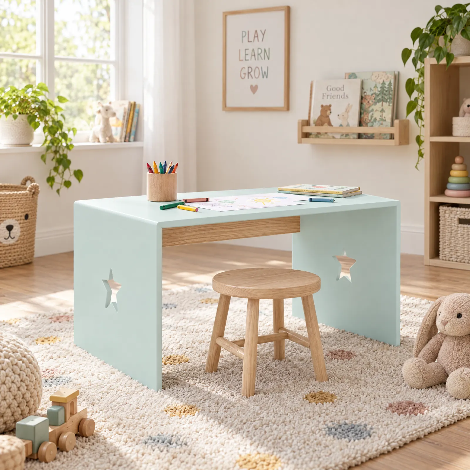 Mesa de atividades infantil New Star verde-claro com barra em carvalho, numa sala de brincar