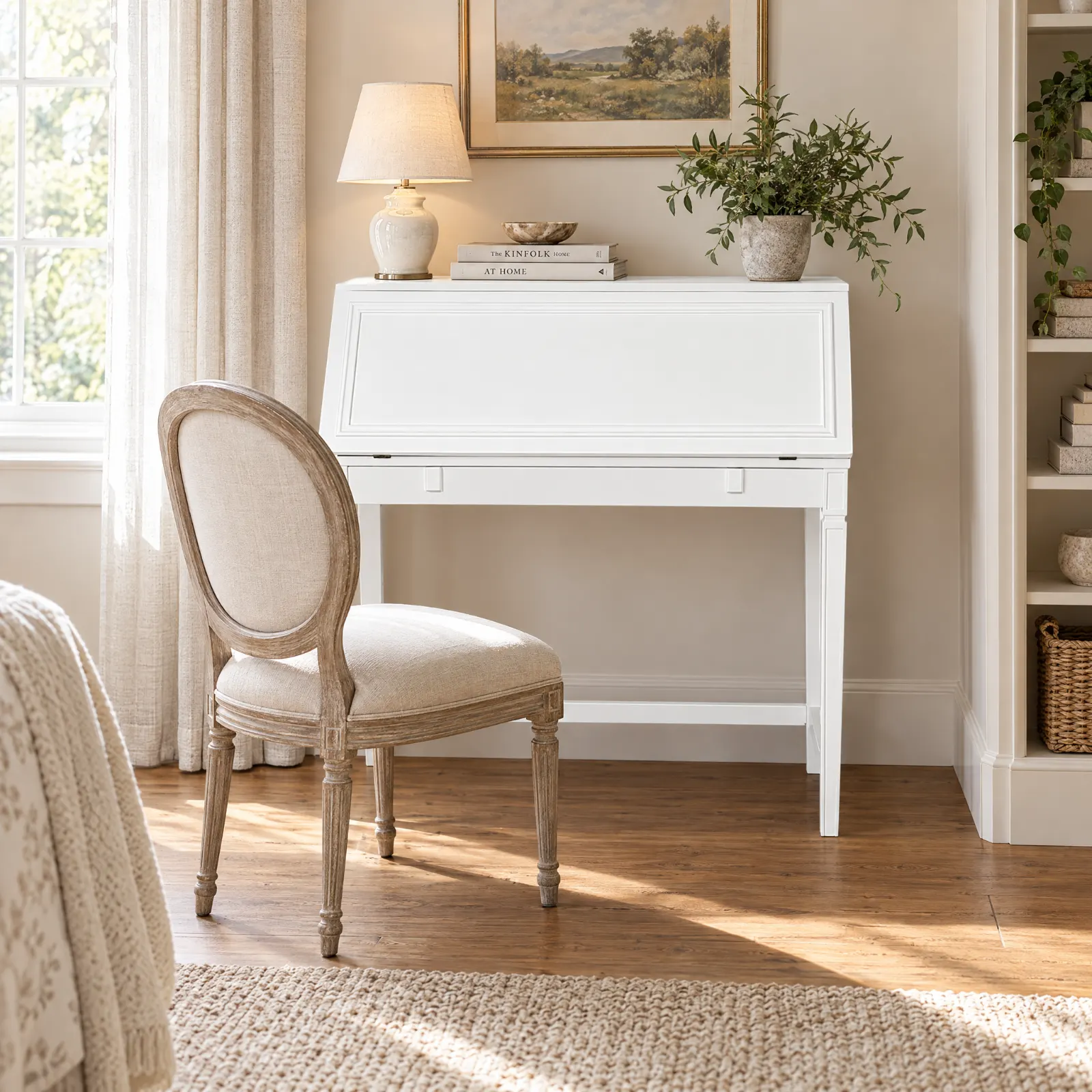 Secretária bureau Caprice Old White com pintura manual, num quarto elegante
