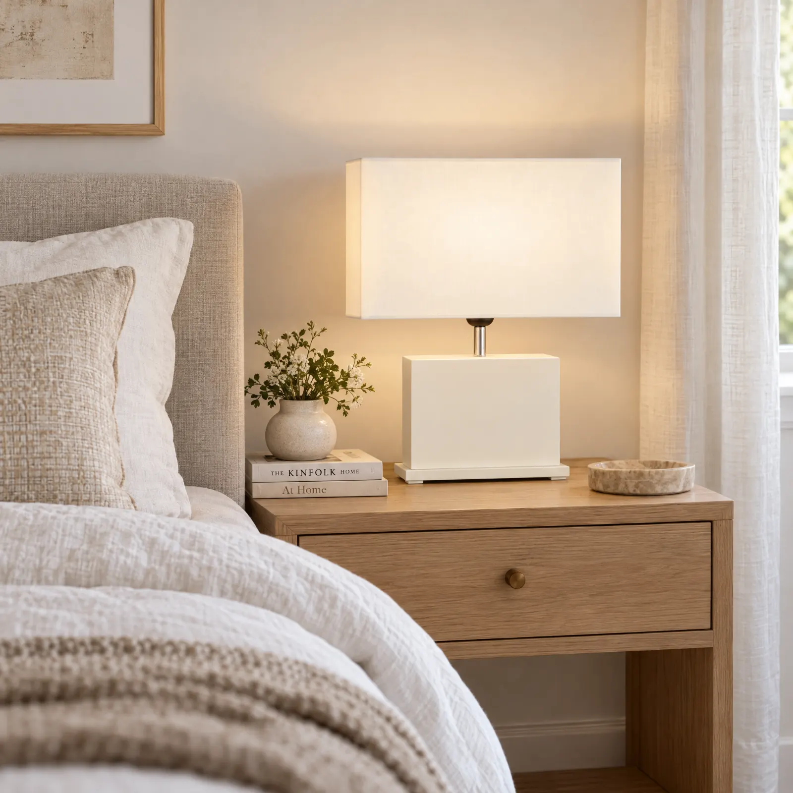 Candeeiro de mesa Bergamot Off White numa mesa de cabeceira, em ambiente de quarto