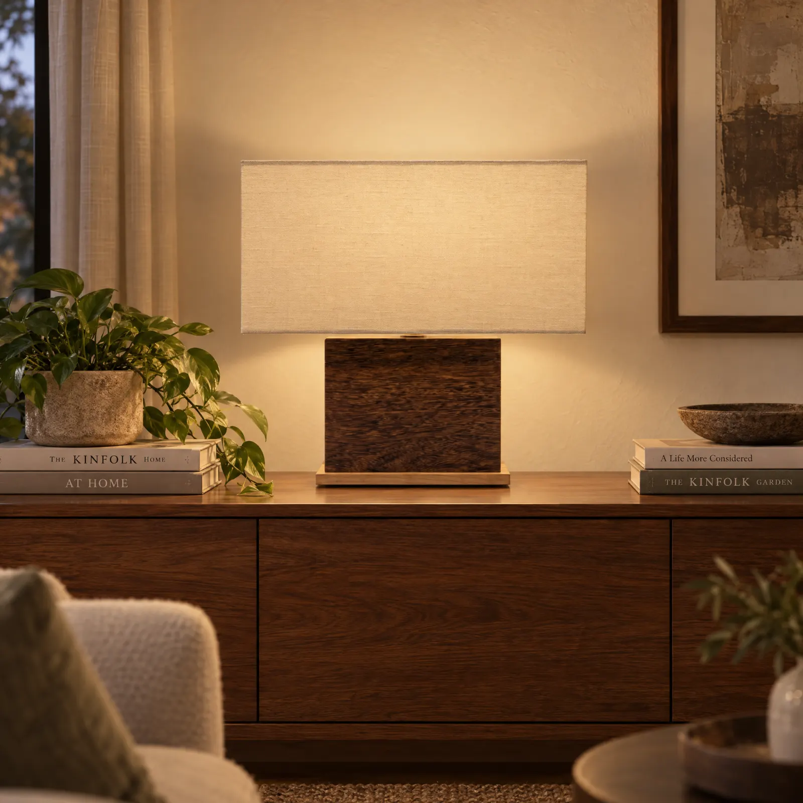 Candeeiro de mesa Bergamot Sucupira sobre um aparador, em ambiente de sala de estar