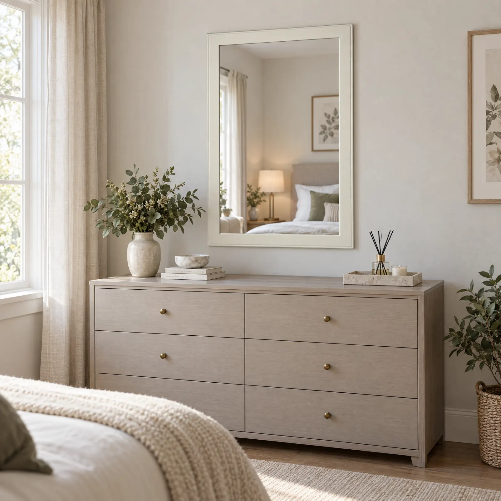 Espelho Thonet Off White na parede de um quarto, sobre uma cómoda