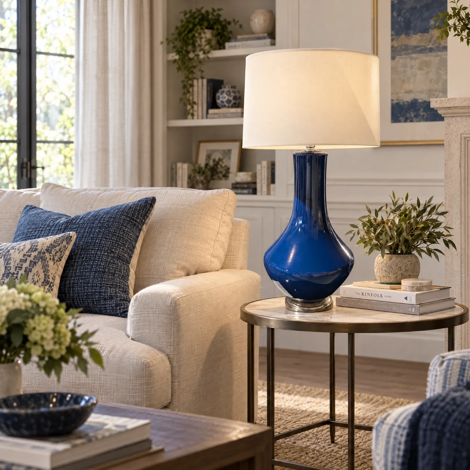 Candeeiro de mesa Peralte com base em vidro azul-cobalto, em ambiente de sala de estar