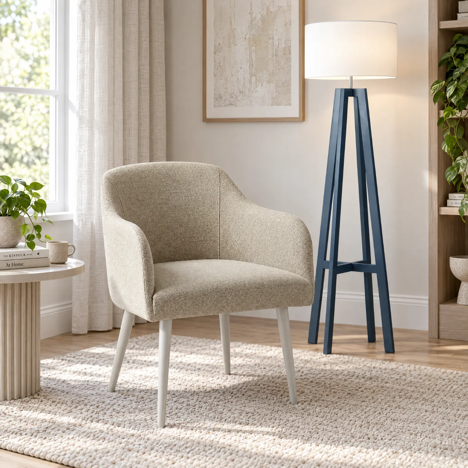 Candeeiro de pé Rose Dark Blue junto ao cadeirão Aspen Light Grey, numa sala de estar