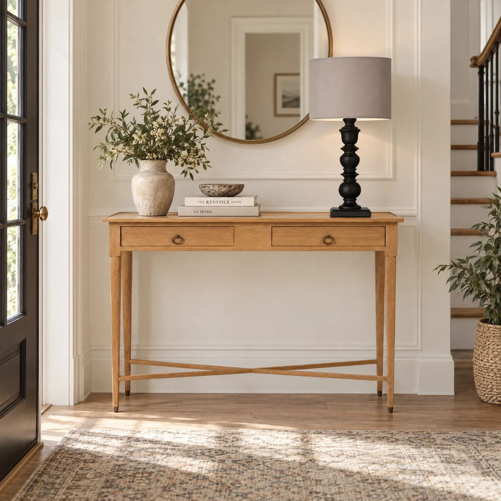 Candeeiro de mesa Jasmine Black Mate sobre a consola Lima Natural Oak, num hall de entrada