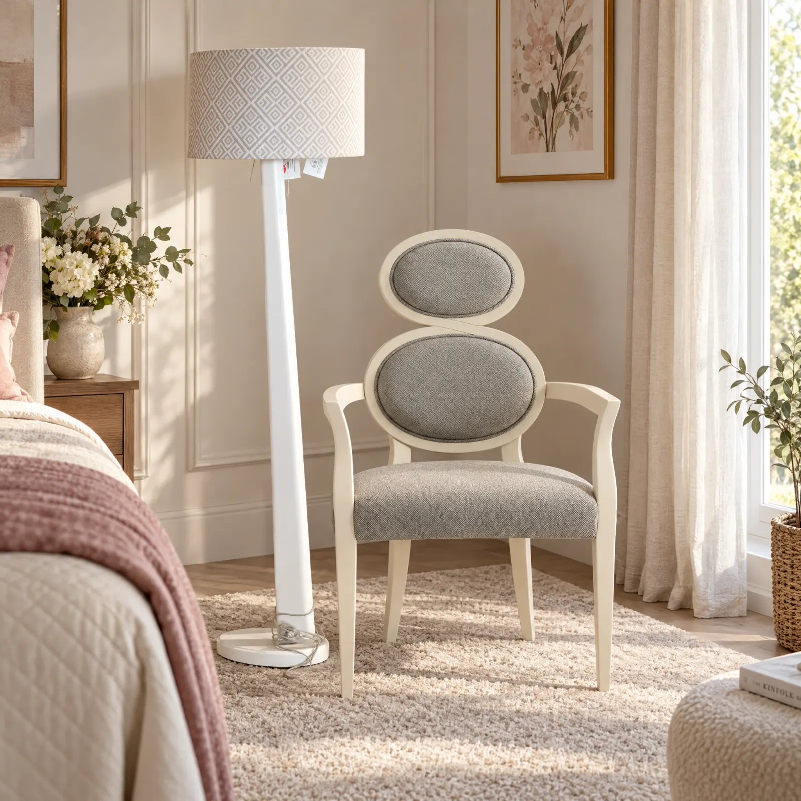 Candeeiro de pé Blossom All White junto ao cadeirão Ingrid, num quarto