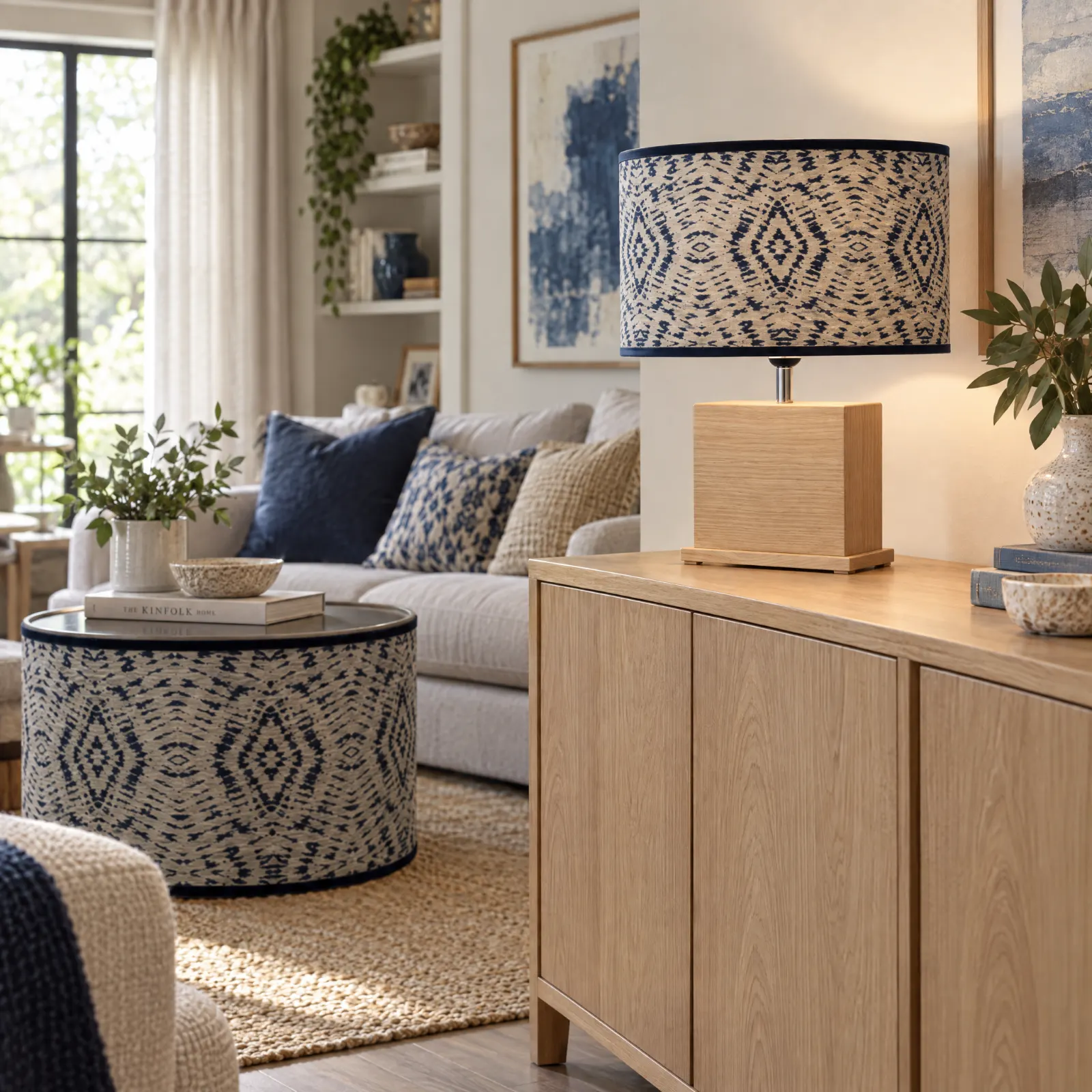 Abat-jour azul com padrão geométrico num candeeiro Bergamot Natural Oak, numa sala de estar