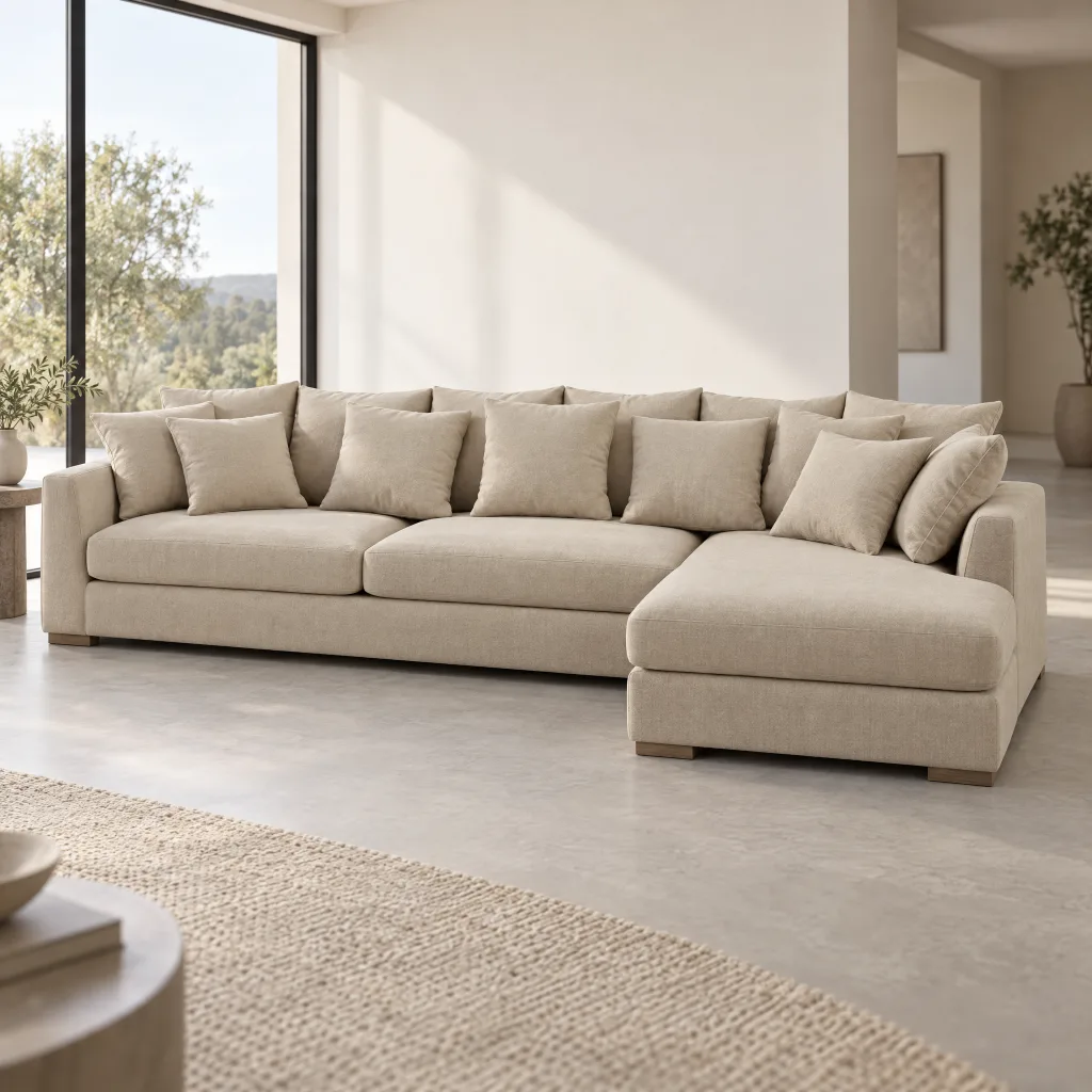 Sofá New Vogue de 4,90 m com chaise, numa sala contemporânea