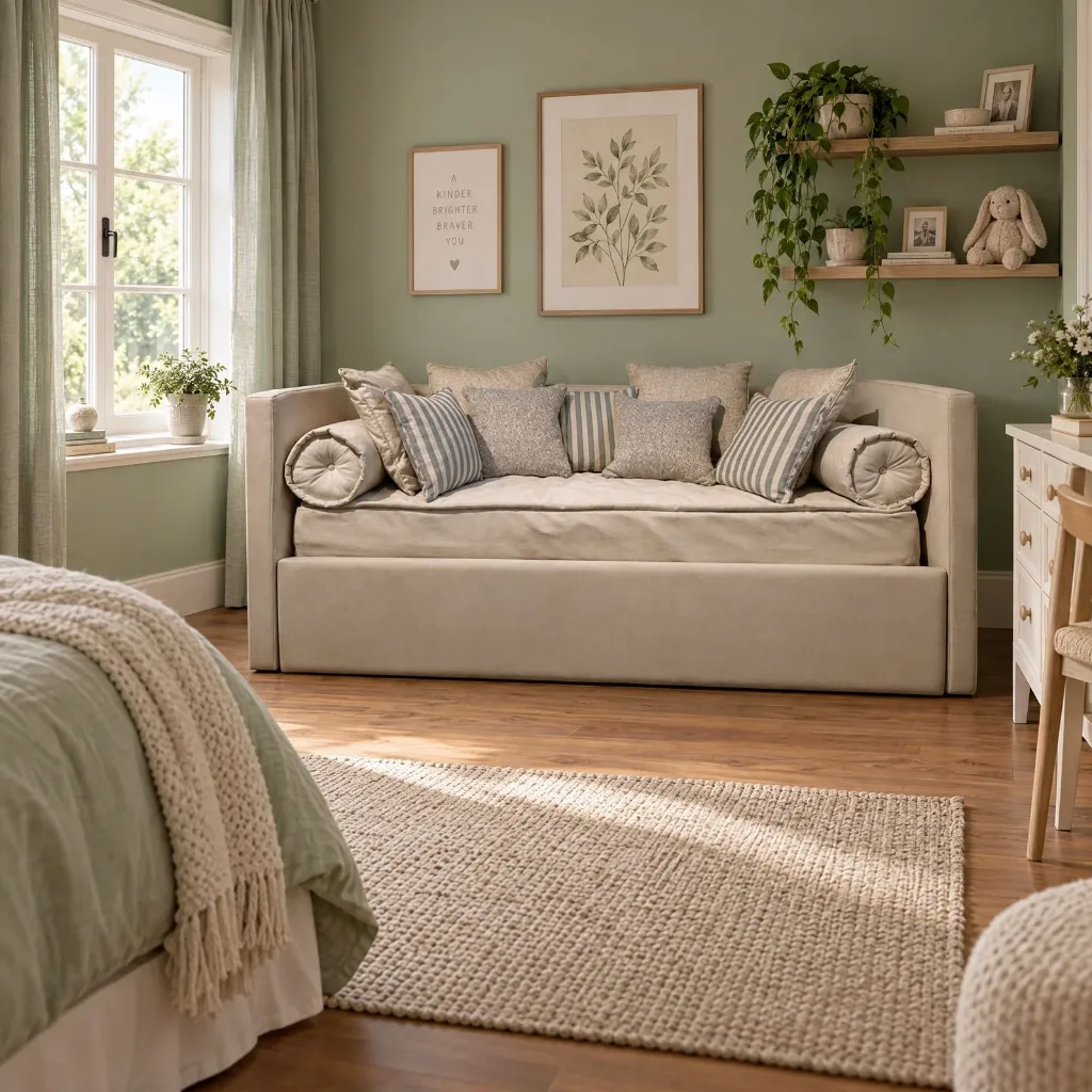 Cama Tentop Estofada Bicama em tecido bege com almofadas às riscas e rolos, num quarto de tons verdes
