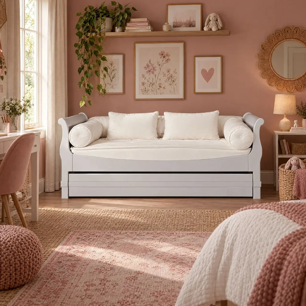 Cama Bateau Bicama branca com gavetão e almofadas brancas, num quarto rosa