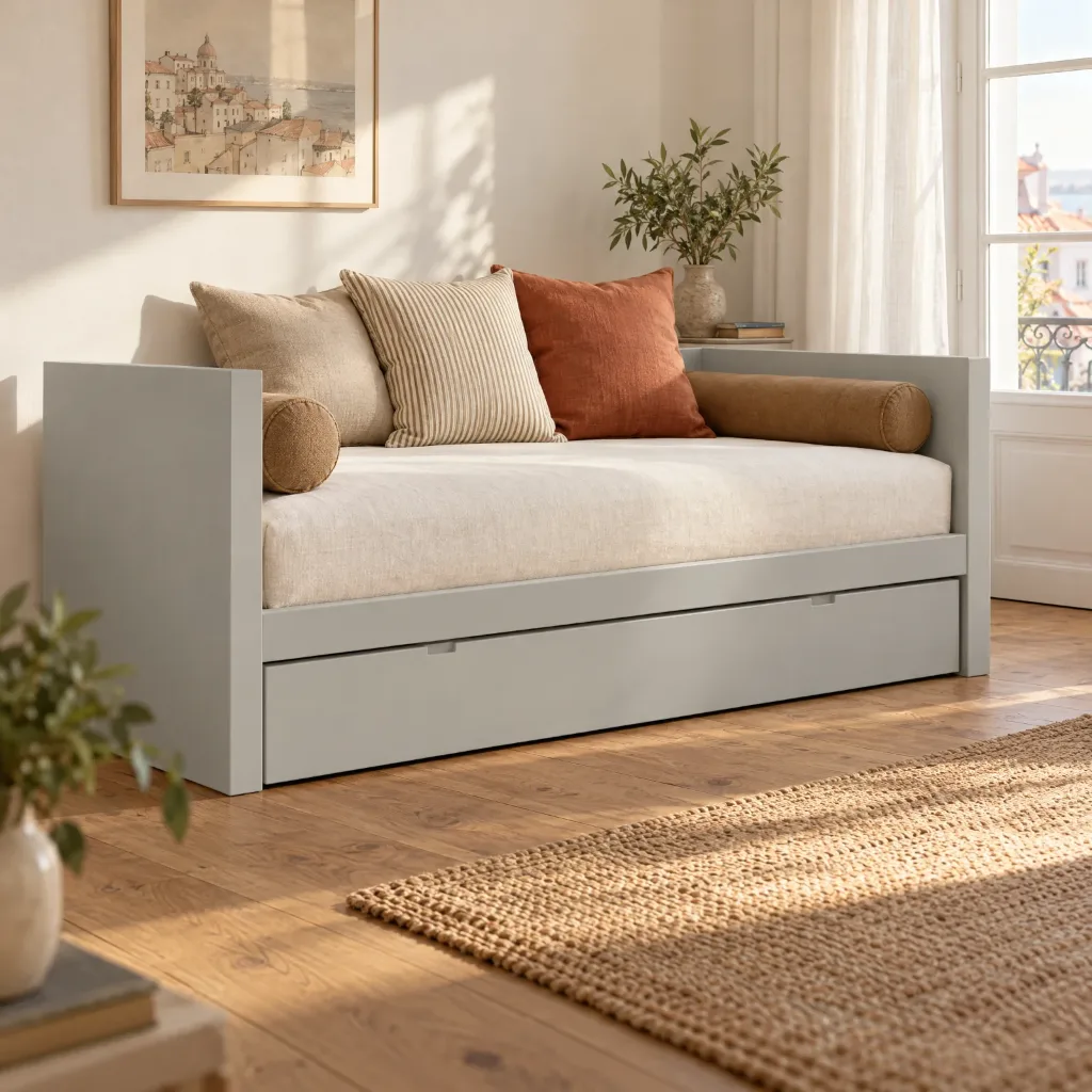 Cama Tentop Bicama em cinzento claro, com almofadas em tons terra, num quarto de uma casa em Lisboa