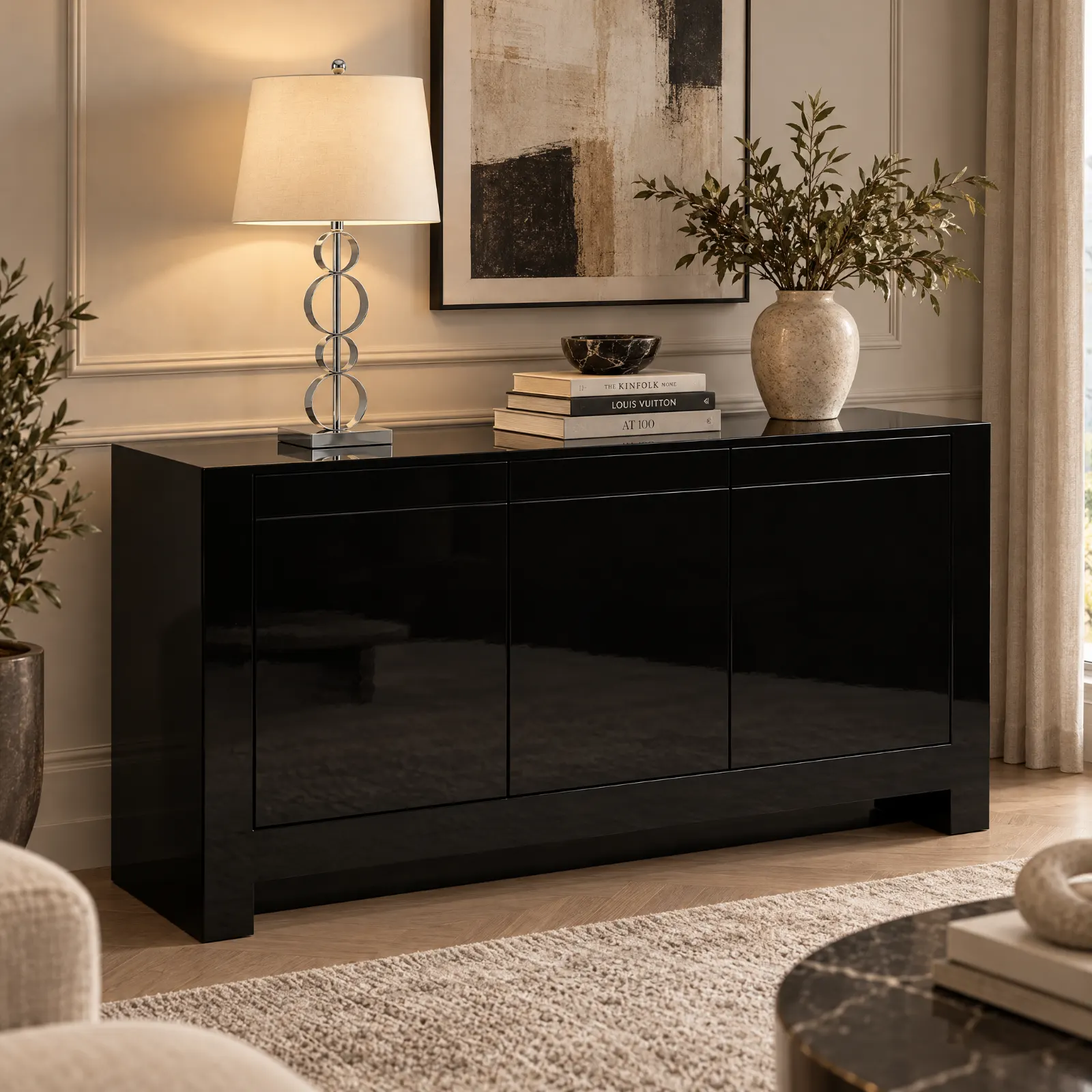 Candeeiro Magnolia dourado sobre o aparador Tentop Black Lacquer, numa sala de estar
